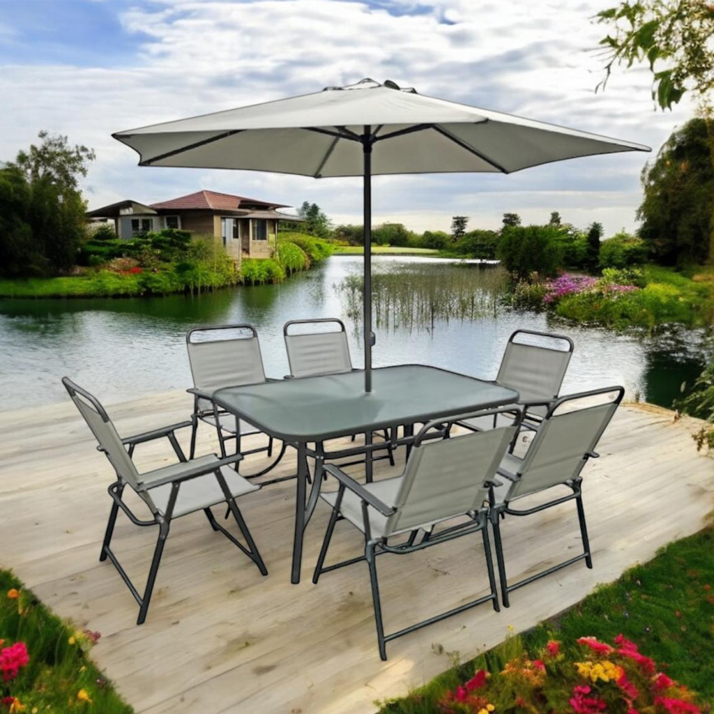 Baštenski Set sa Suncobranom – 6 stolica + sto